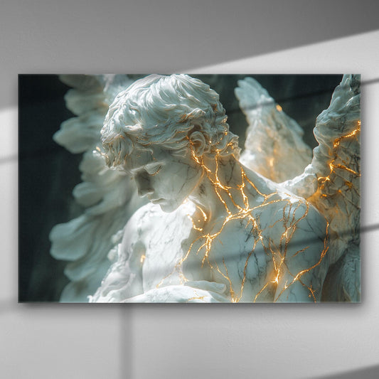 Sculpture of an angel with golden lines glowing on the surface, displayed on a canvas.