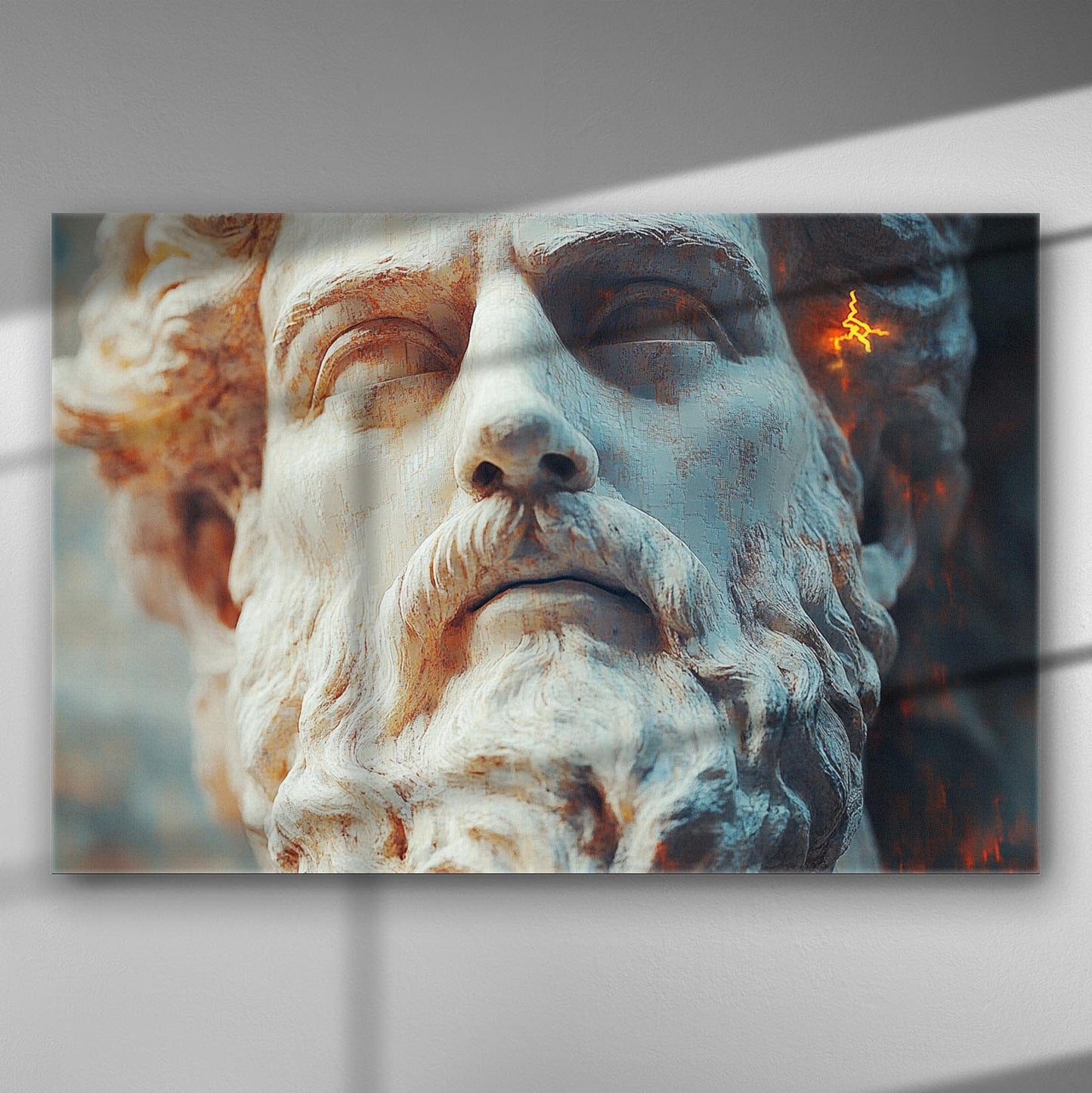 Classical statue of a god's face with detailed features on canvas.