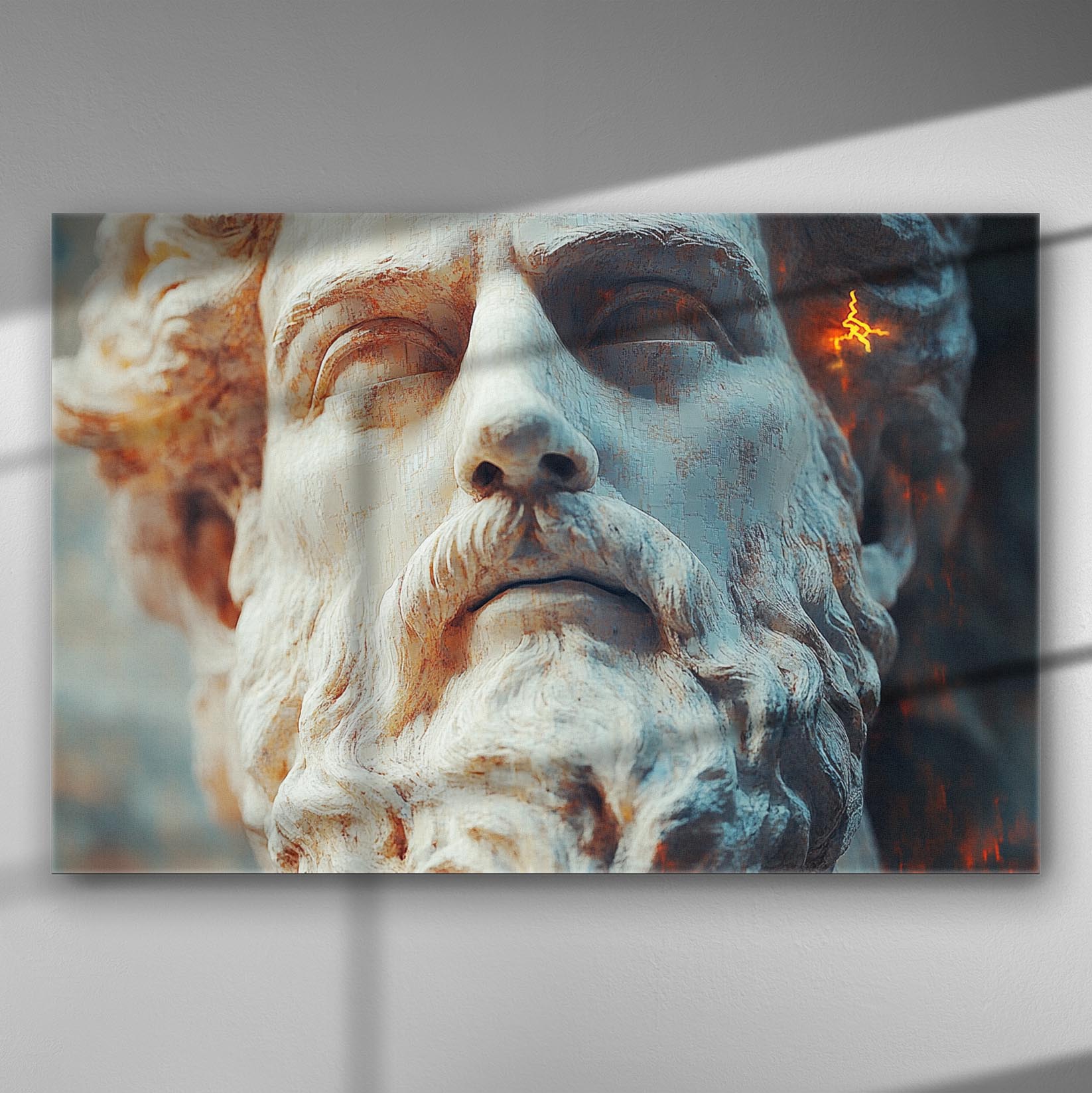 Classical statue of a god's face with detailed features on canvas.