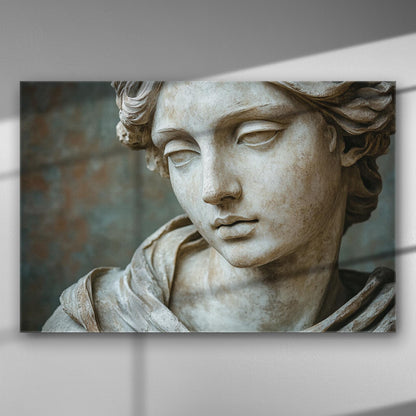 Close-up of a classical Greek sculpture's face on a canvas print, highlighting serene beauty and detailed artistry.