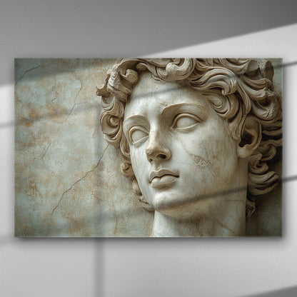 Apollo bust on canvas with stone texture background, showcasing classic Greek art.