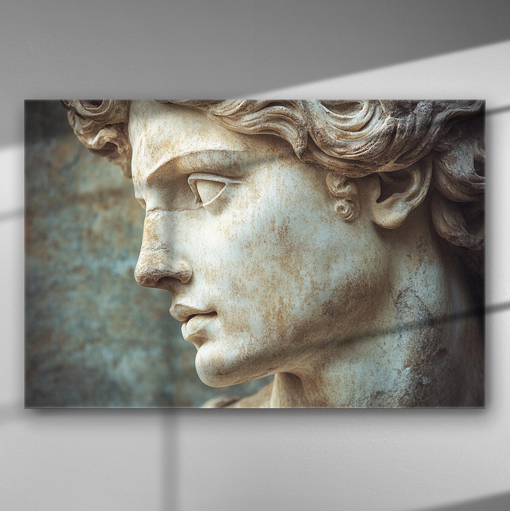 Close-up of an ancient statue bust in profile view, displaying detailed marble texture on a canvas print.