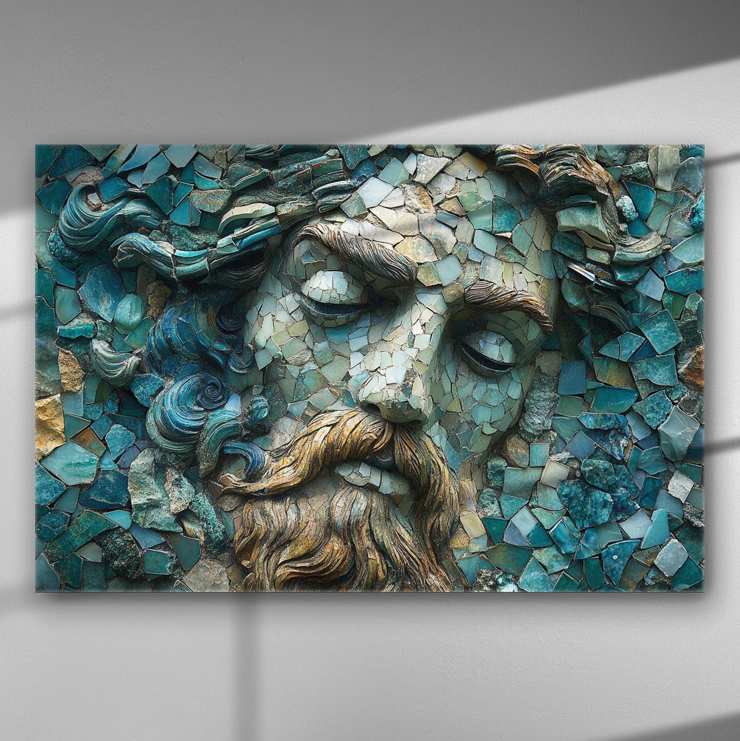 Mosaic relief of a serene classical face with blue and earthy tones.