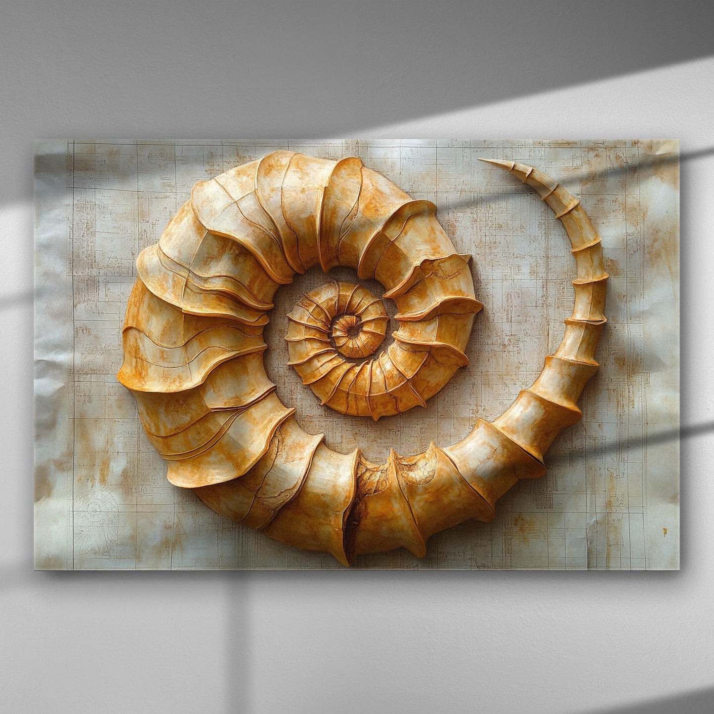 A canvas print featuring a detailed spiral shell design with warm brown and golden hues.