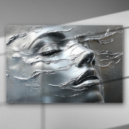 Abstract metallic face with closed eyes on a canvas