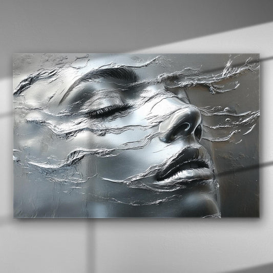 Abstract metallic face with closed eyes on a canvas