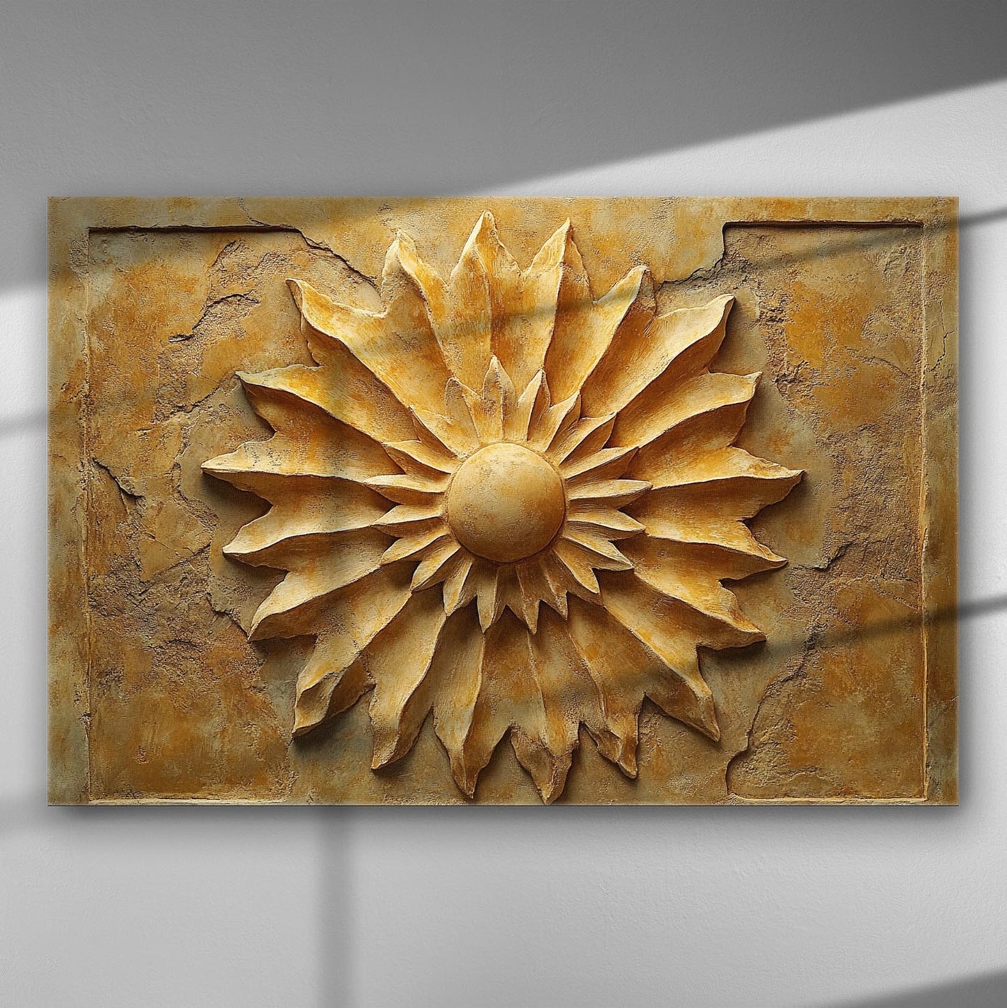 Embossed canvas print featuring a sun design, with ochre tones and textured surface.