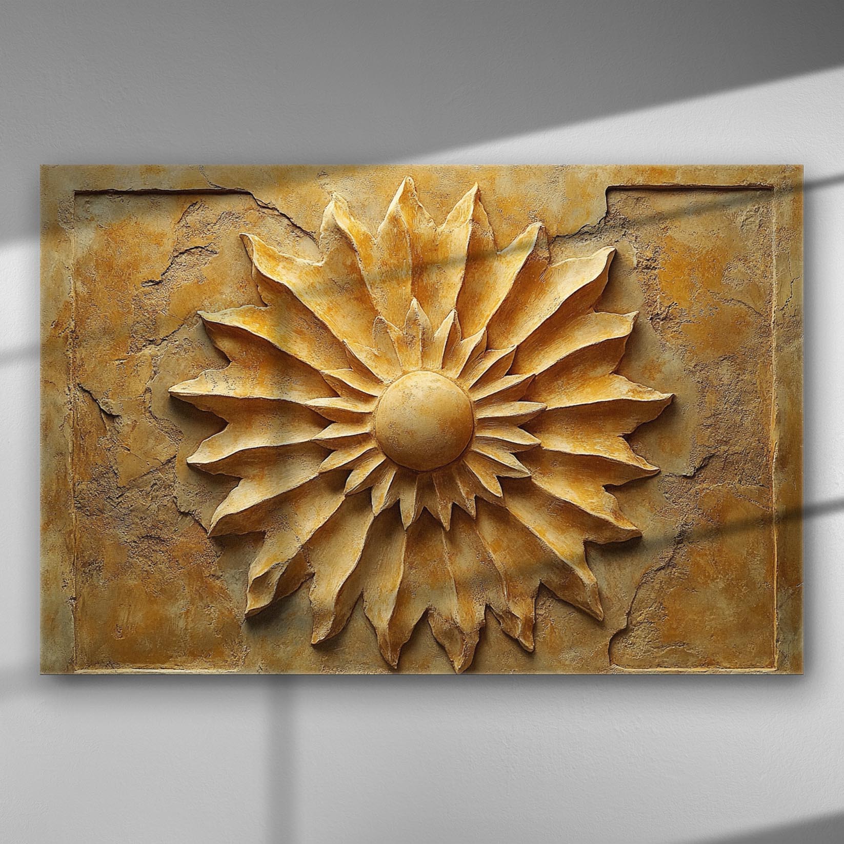 Embossed canvas print featuring a sun design, with ochre tones and textured surface.