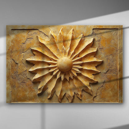 Embossed canvas print featuring a sun design, with ochre tones and textured surface.