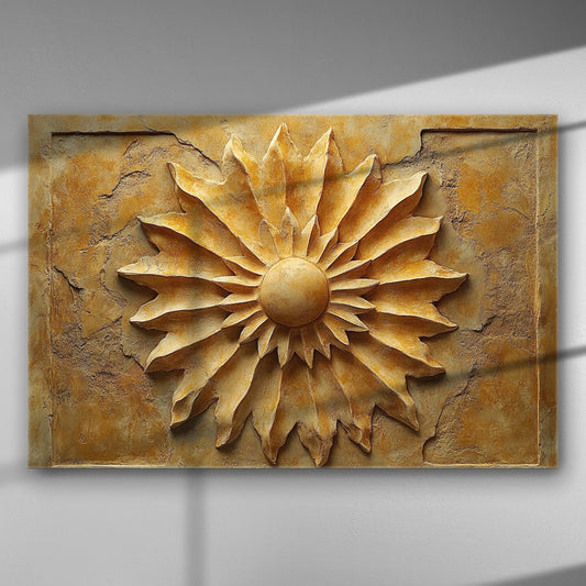 Embossed canvas print featuring a sun design, with ochre tones and textured surface.