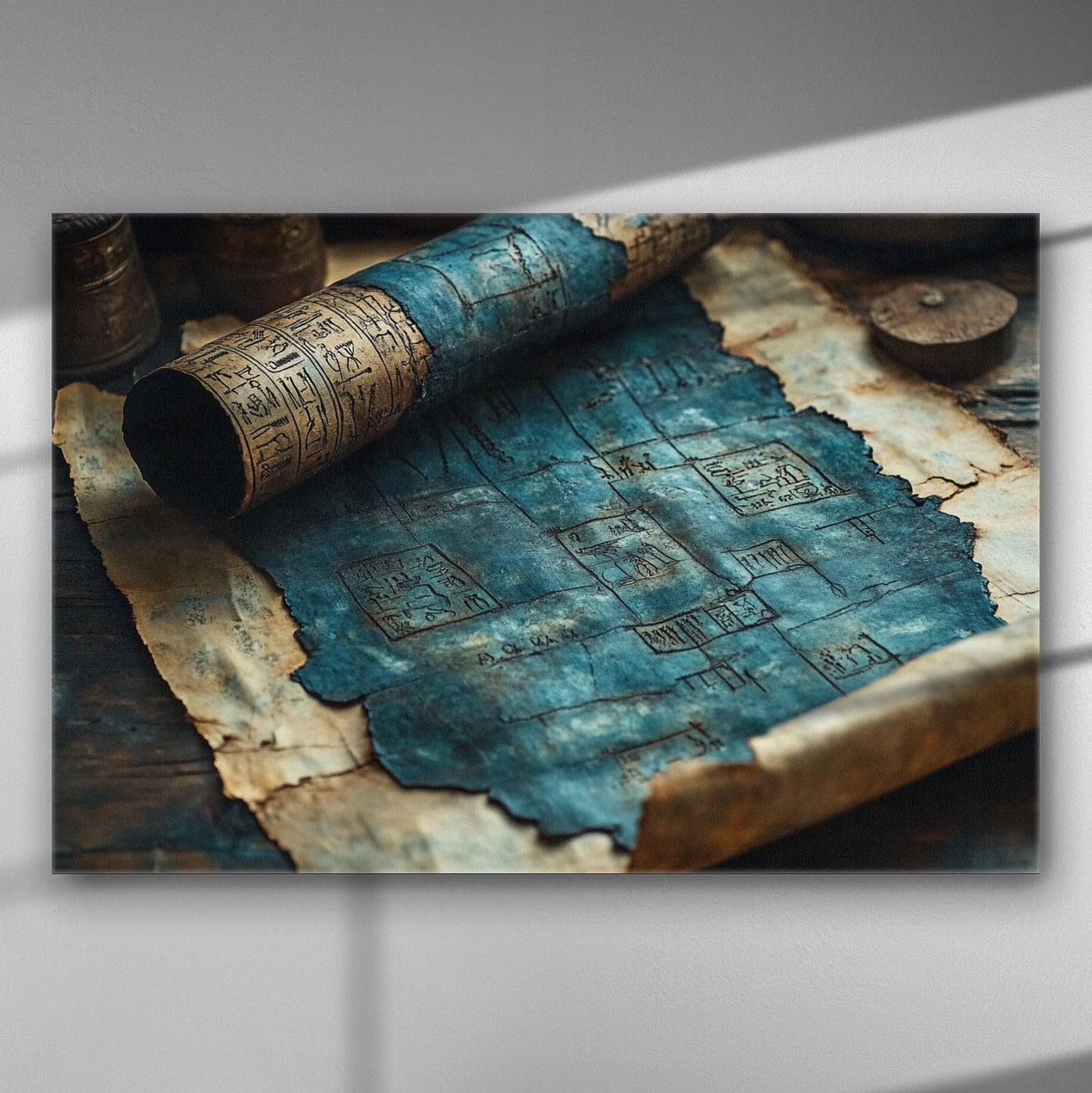 Ancient scroll and map on distressed paper in blue tones.