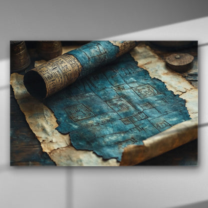 Ancient scroll and map on distressed paper in blue tones.