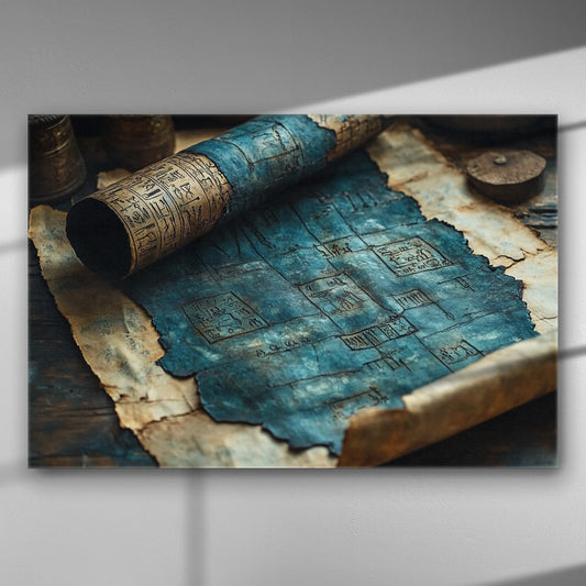 Ancient scroll and map on distressed paper in blue tones.