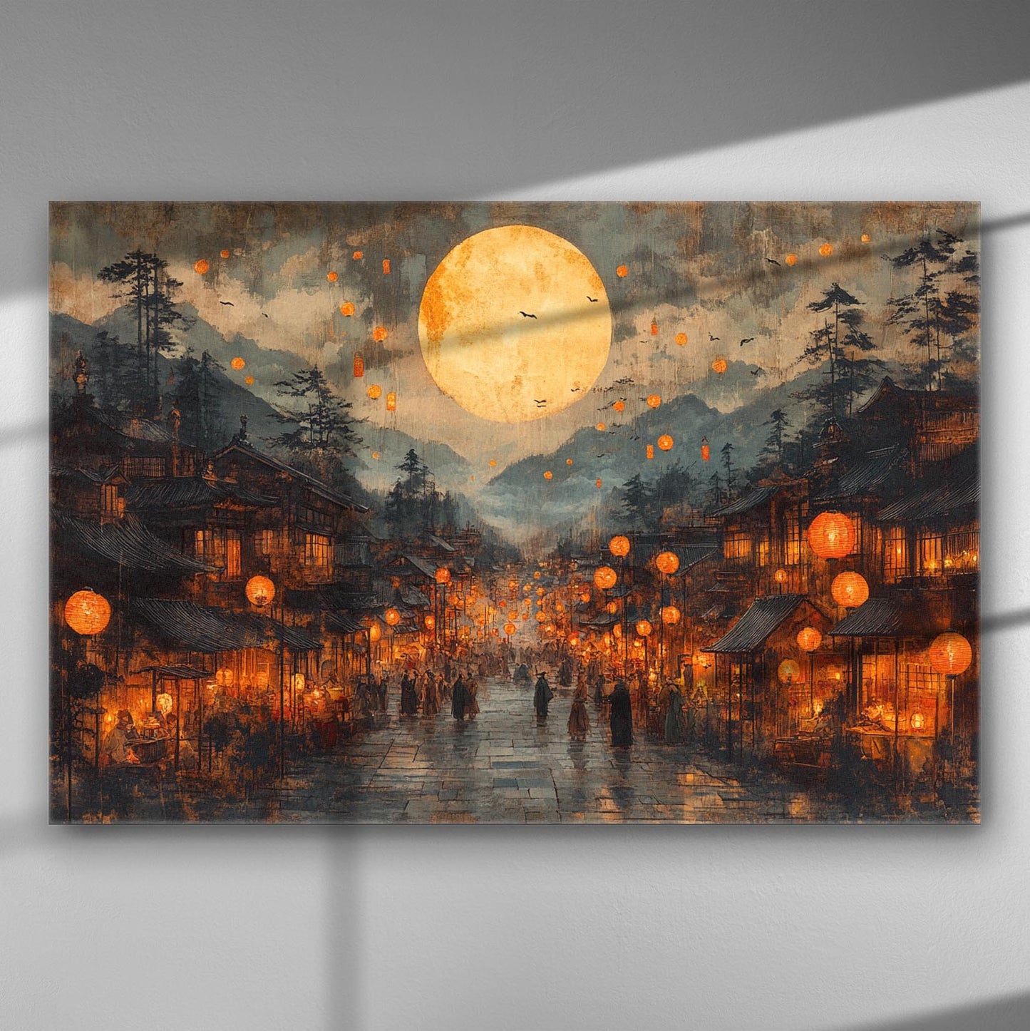 Lantern festival scene with a traditional Asian village and glowing lanterns.