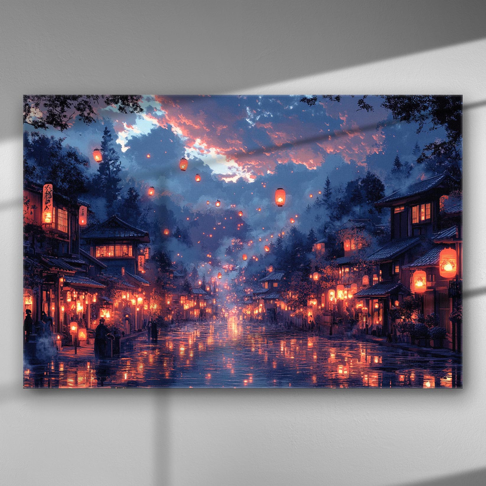 Night street scene with floating lanterns in Asian village on canvas print.