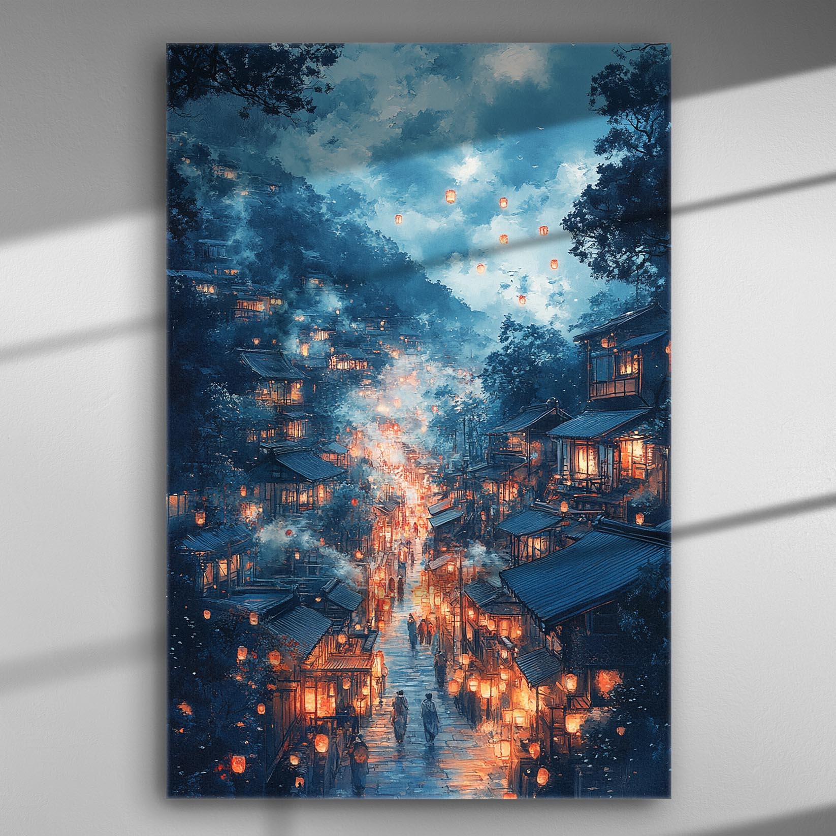 Night cityscape with glowing lanterns and misty streets on canvas print.