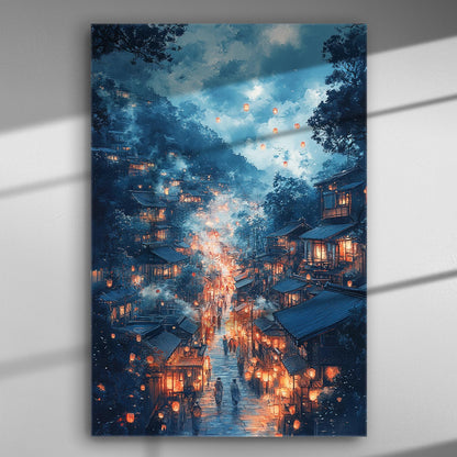 Night cityscape with glowing lanterns and misty streets on canvas print.