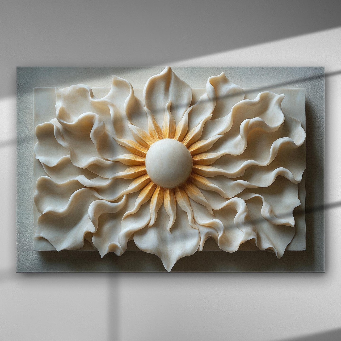 3D sun with radiating petal-like rays on a canvas in neutral tones.
