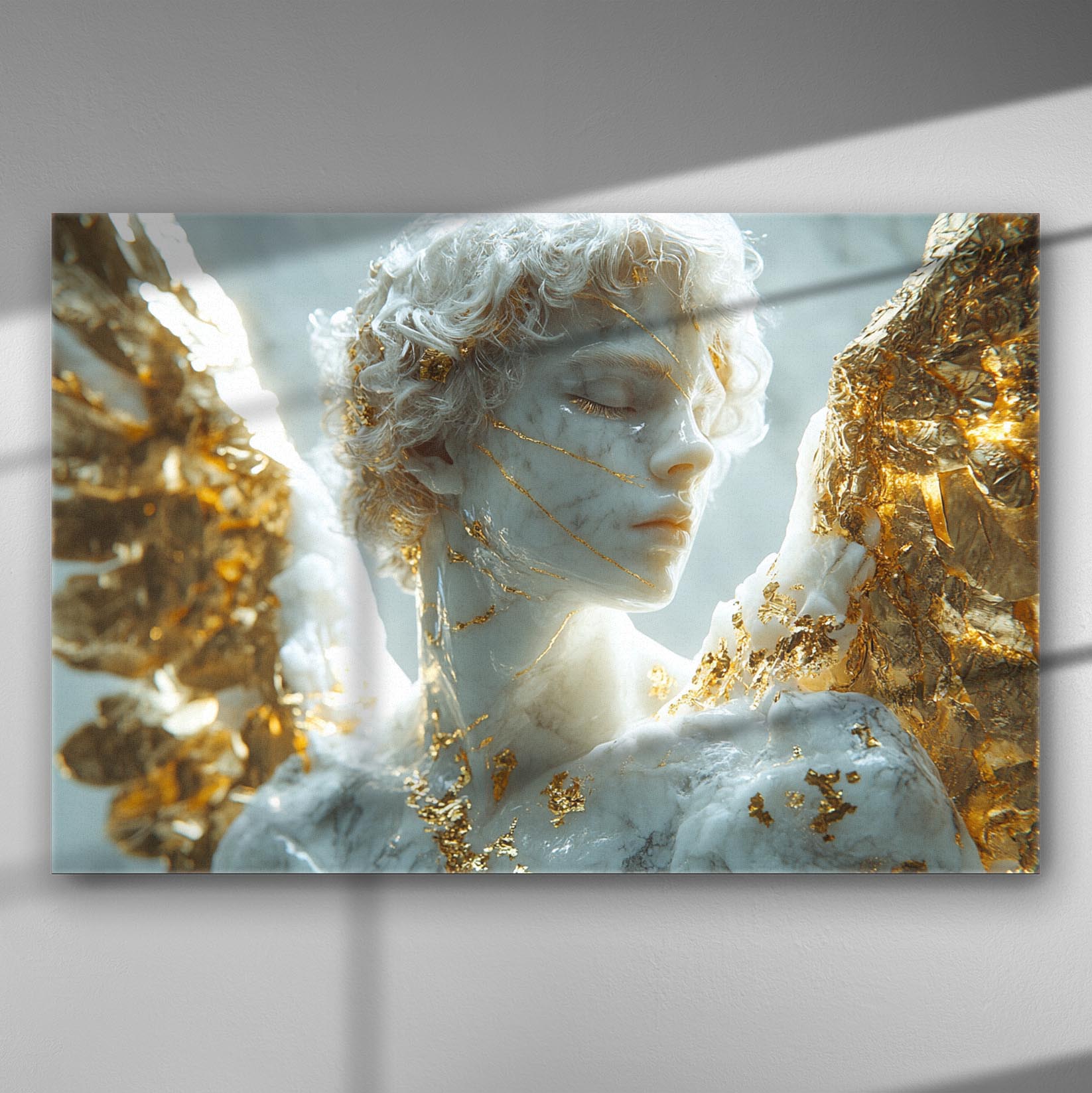 Golden angel sculpture with white marble texture and gold accents on canvas.