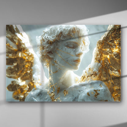 Golden angel sculpture with white marble texture and gold accents on canvas.