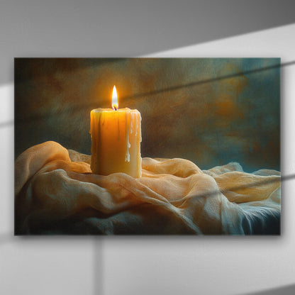 A candle on a cloth with a soft glowing light creating a serene atmosphere.