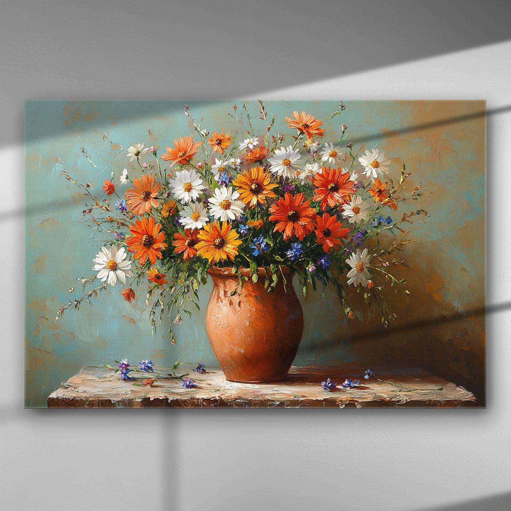A vibrant canvas wall art featuring colorful flowers in an earthen vase against a soft blue and golden background.