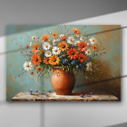 A vibrant canvas wall art featuring colorful flowers in an earthen vase against a soft blue and golden background.