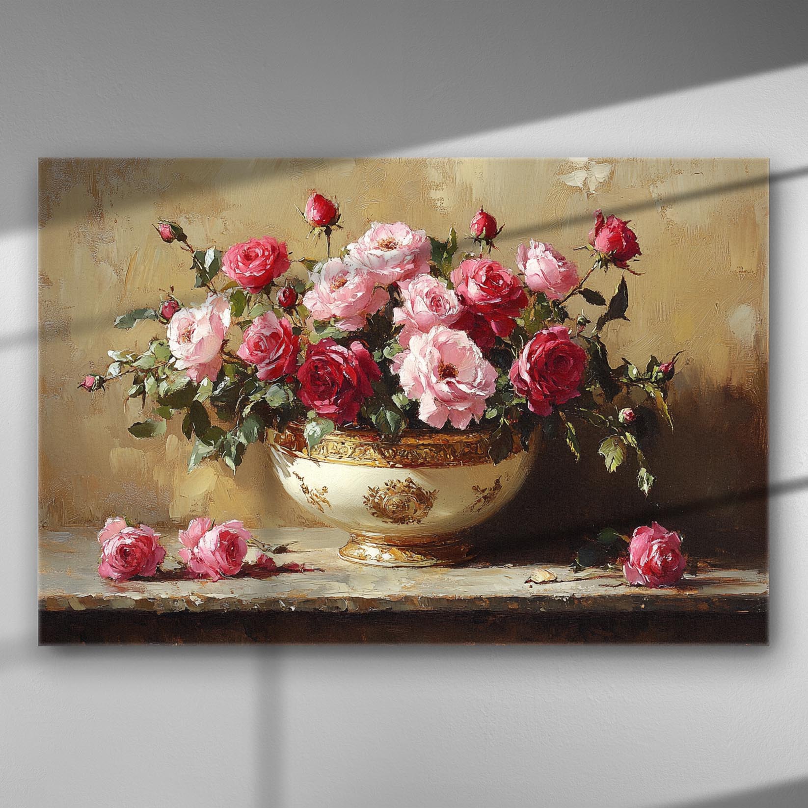 Floral painting of pink roses in an ornate vase on a textured background.