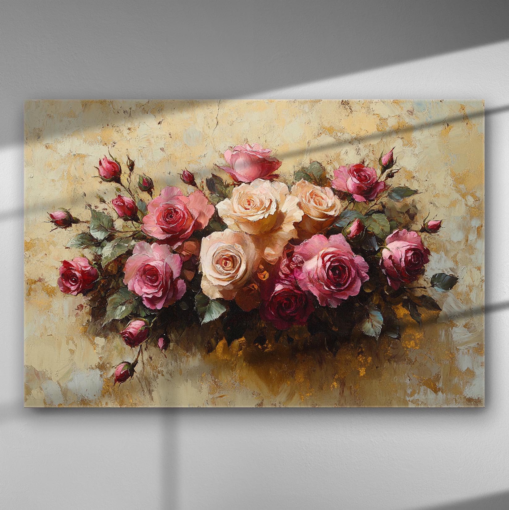 A canvas print featuring a romantic bouquet of roses in pink and cream hues against a textured background.