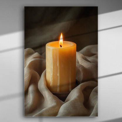 A lit candle on a fabric surface, creating a warm and serene atmosphere.