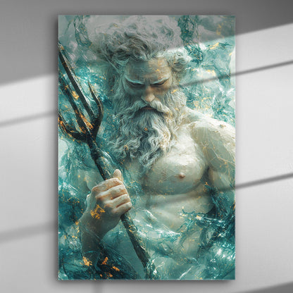 A depiction of the sea god with a trident in vibrant aqua colors, surrounded by swirling waters.