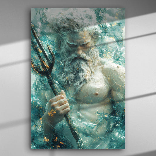 A depiction of the sea god with a trident in vibrant aqua colors, surrounded by swirling waters.