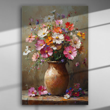Vibrant flower bouquet in a clay vase on a canvas print.