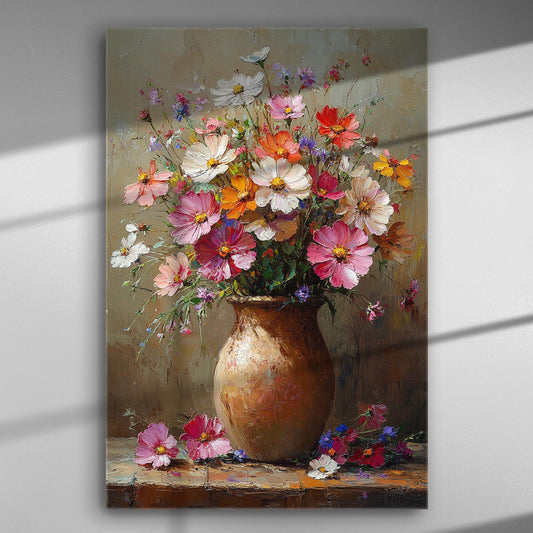 Vibrant flower bouquet in a clay vase on a canvas print.