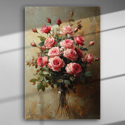 Canvas painting of a bouquet of pink roses with detailed texture and vibrant colors.
