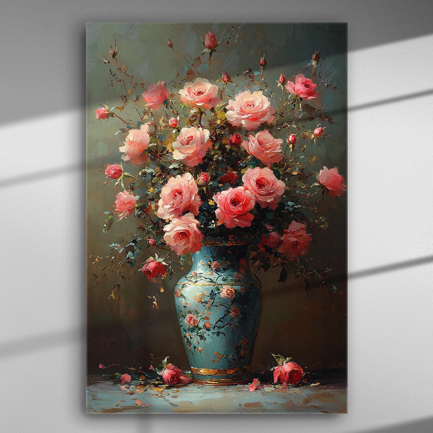 A canvas print of blooming roses in a vibrant vase with a dark background.