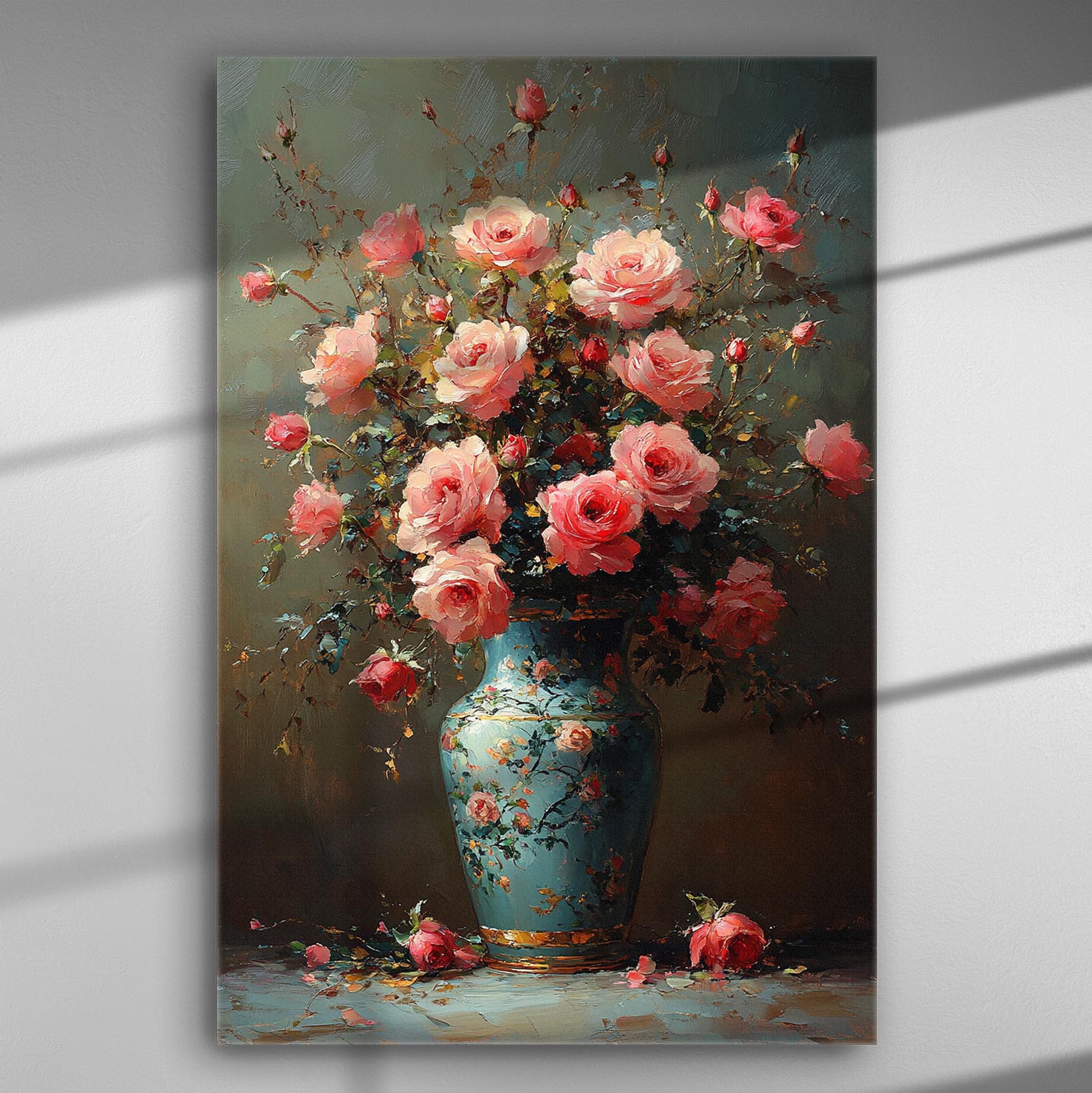 A canvas print of blooming roses in a vibrant vase with a dark background.