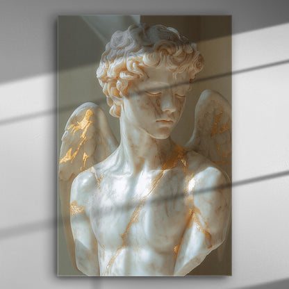 Marble sculpture of an angel with gold accents on a canvas print.
