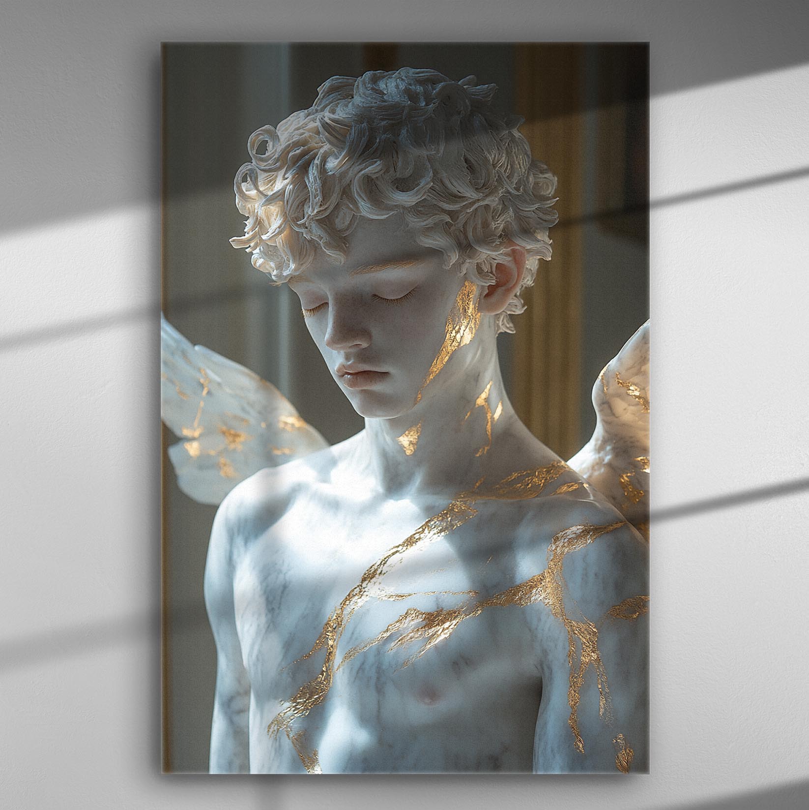 Angel statue with golden details, serene expression, premium canvas print.