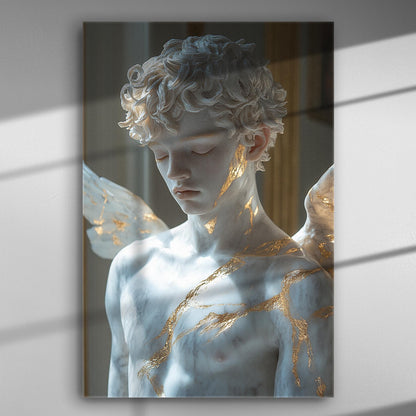 Angel statue with golden details, serene expression, premium canvas print.