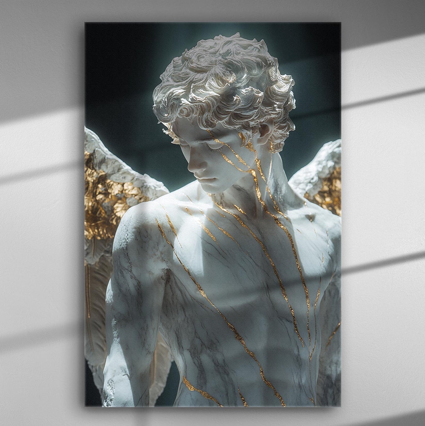 Marble angel statue with golden details on a canvas print highlighting light and shadow.