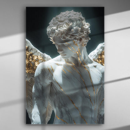 Marble angel statue with golden details on a canvas print highlighting light and shadow.