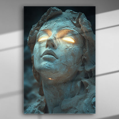 Stone sculpture with glowing eyes on a canvas print.
