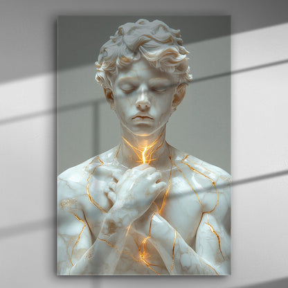 Marble statue with golden seams, blending classical art with modern style on a canvas.