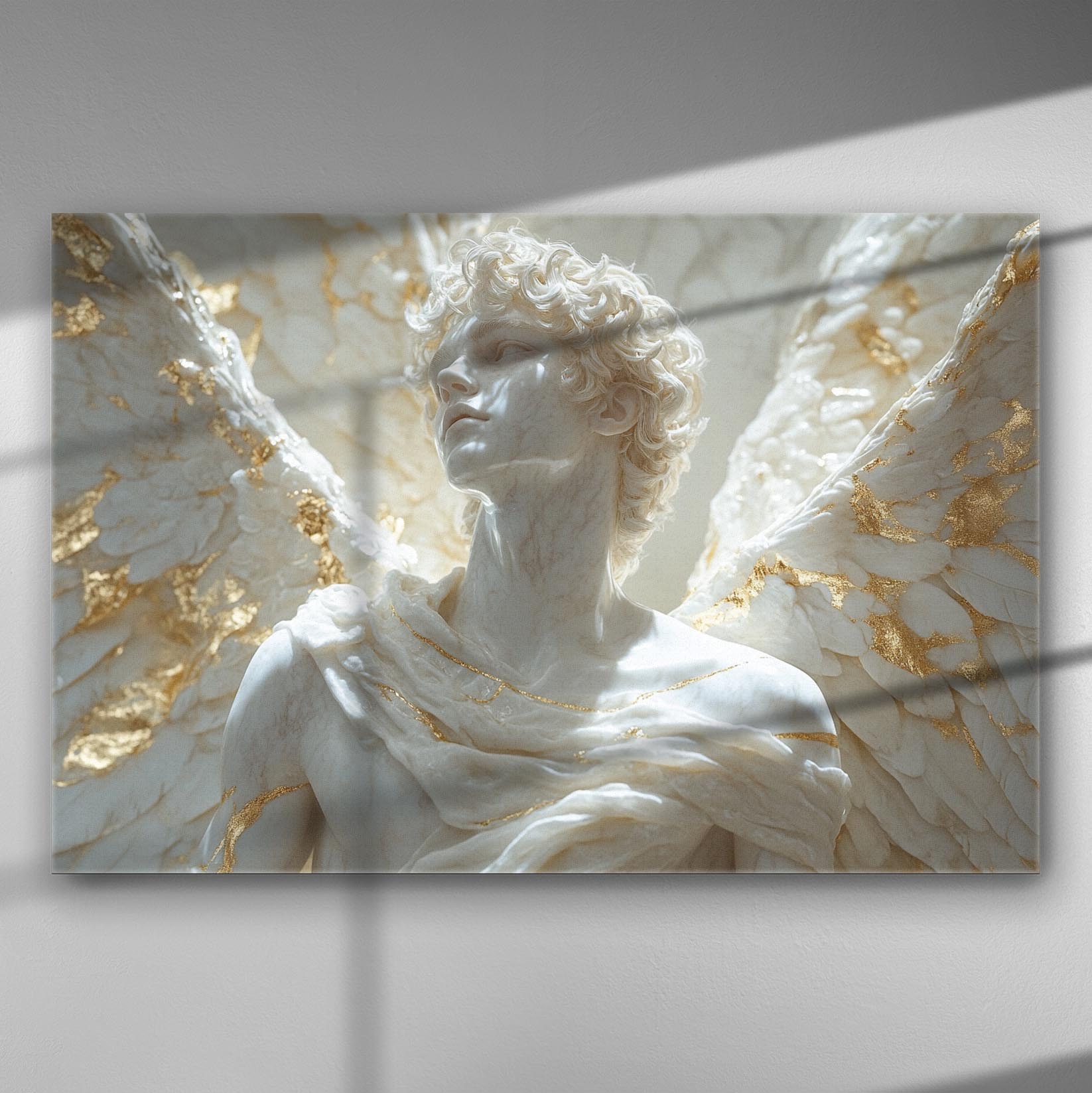 Image of an angelic sculpture with white and gold tones on a canvas print.