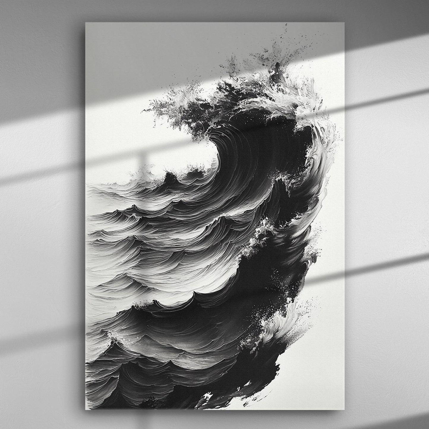 Black and white abstract painting of a powerful ocean wave on canvas, minimalist design.