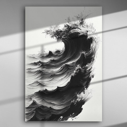 Black and white abstract painting of a powerful ocean wave on canvas, minimalist design.