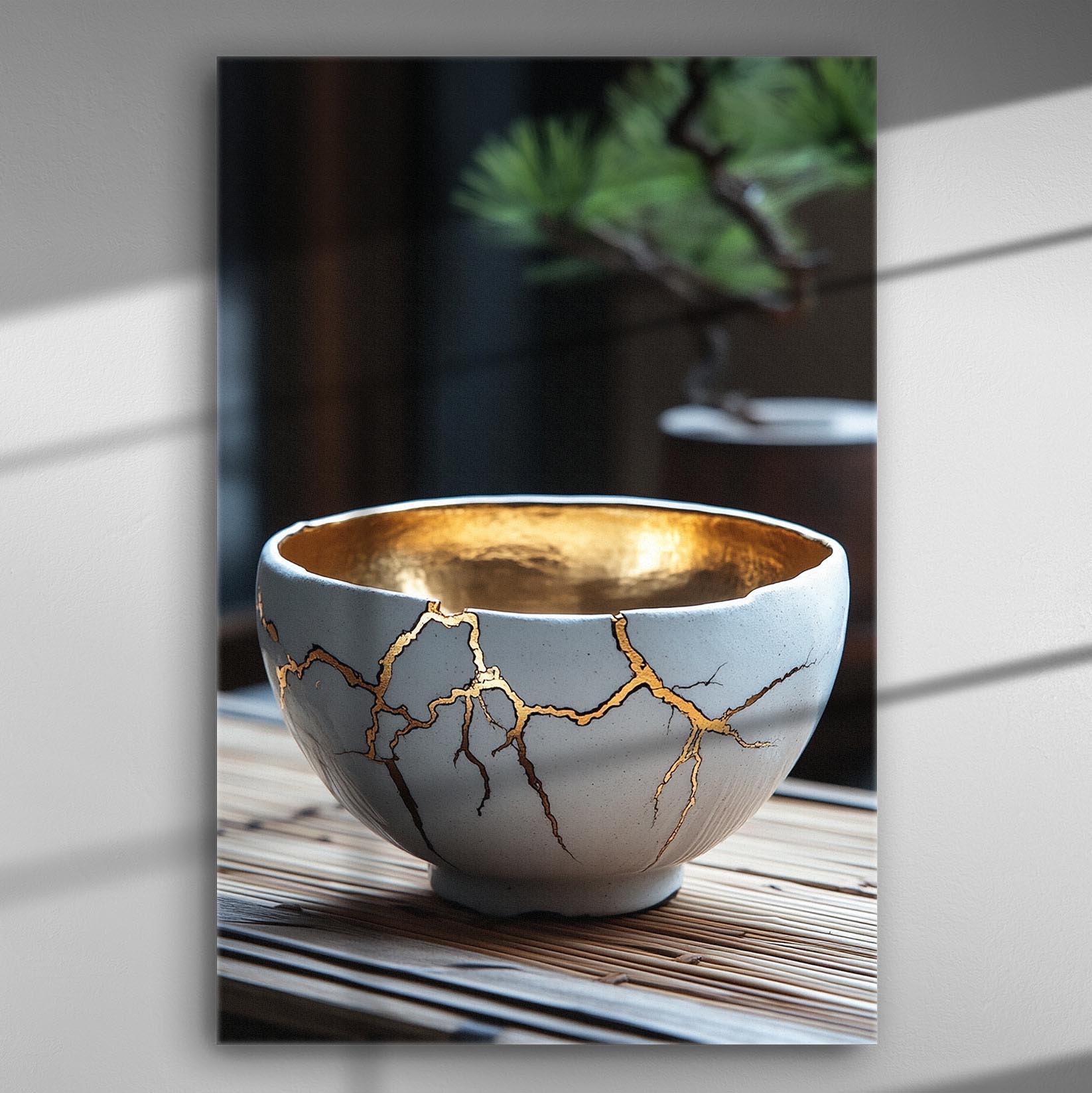 A ceramic bowl with golden cracks, representing the Kintsugi philosophy, placed on a bamboo mat.
