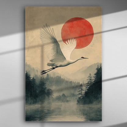 Crane flying under a red sun over a misty forest landscape.