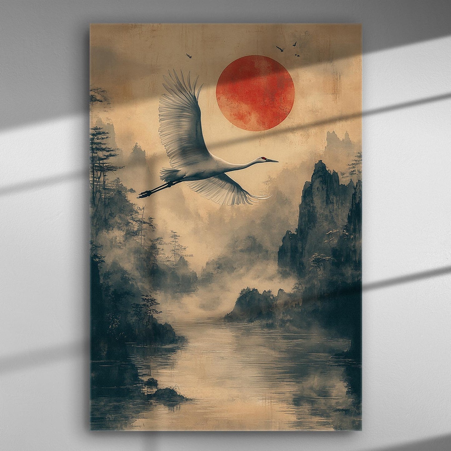 Elegant crane flying over a misty river with a red sun, surrounded by mountains.